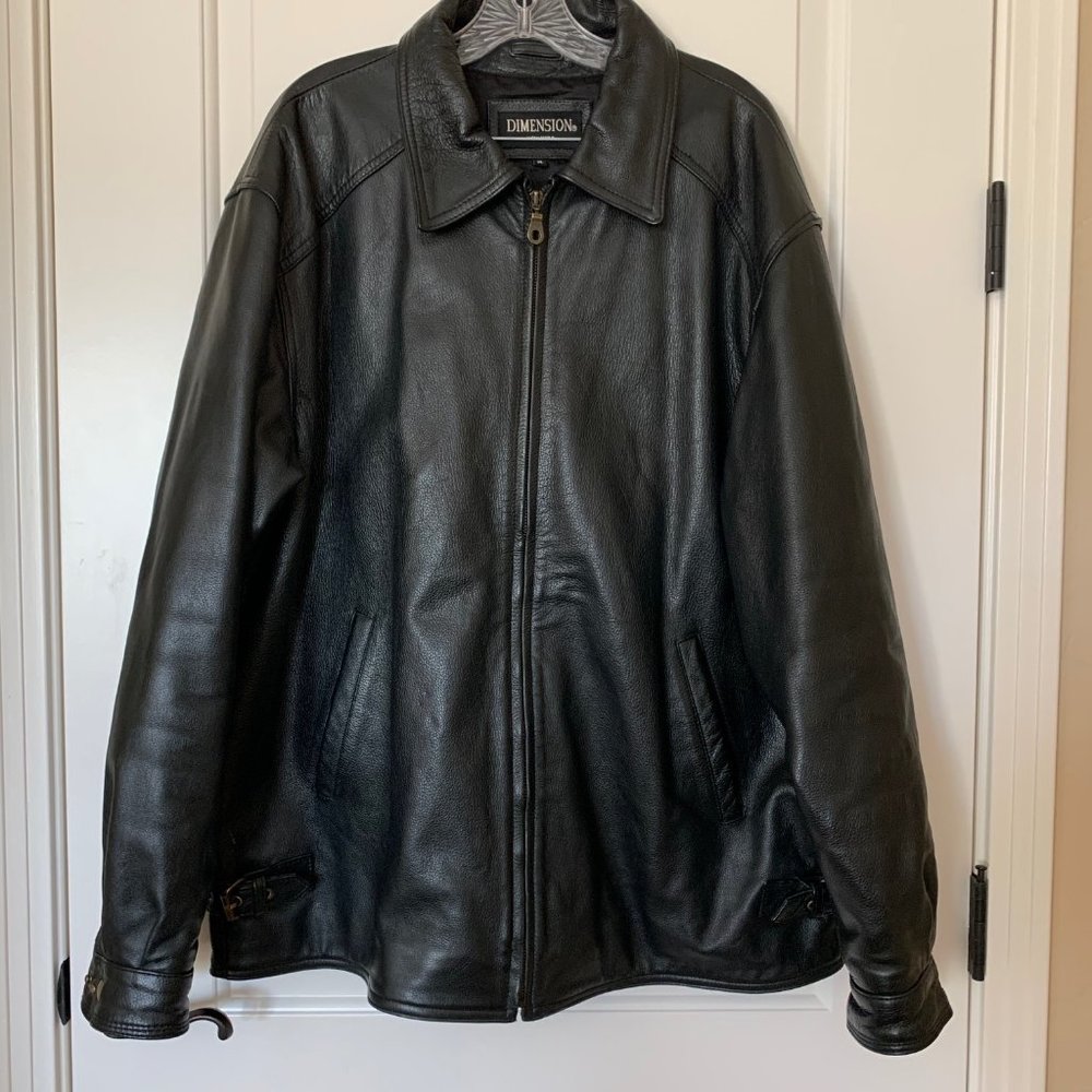 Zip up Black Leather Jacket with buckle accents